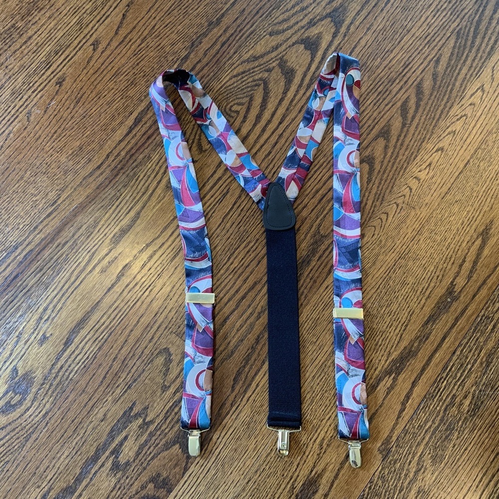 Pelican USA Silk Elastic Suspenders Multicolor Funky‎ 80s 90s Retro Gold Clips